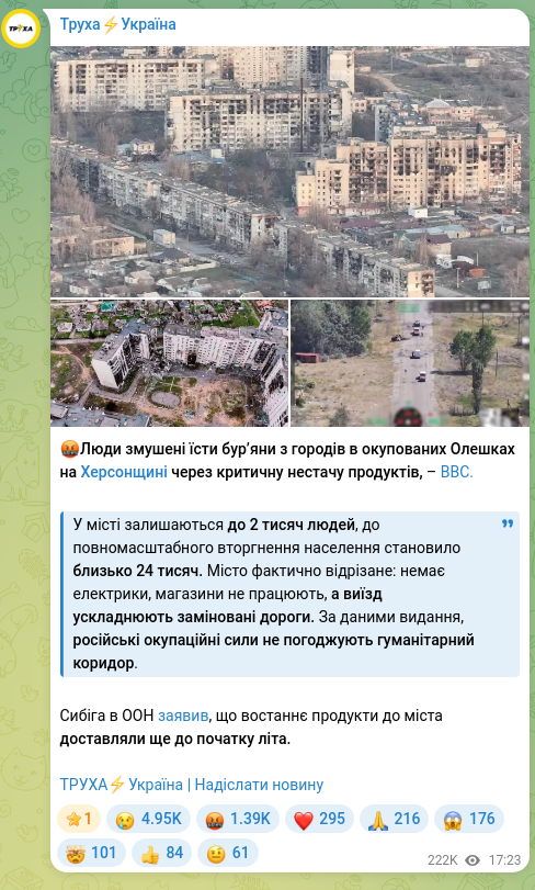 Screenshot of a Telegram post: 🤬People are forced to eat weeds from gardens in occupied Oleshky in the Kherso…