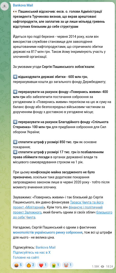 Скріншот Telegram-публікації: Пашинський Сергій Володимирович — 👀 Пашинський відскочив: ексв. о. голови Адміністрації прези…