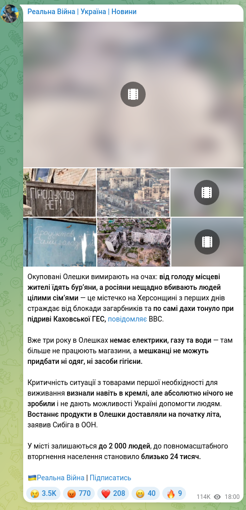 Screenshot of a Telegram post: Реальна Війна | Україна | Новини
