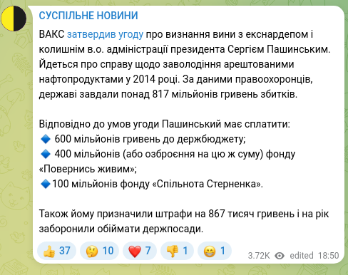 Скріншот Telegram-публікації: Пашинський Сергій Володимирович — ВАКС затвердив угоду про визнання вини з екснардепом і колиш…