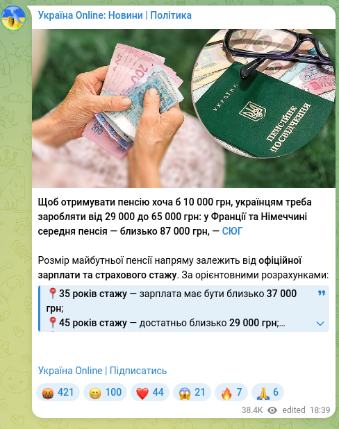Скріншот Telegram-публікації: Щоб отримувати пенсію хоча б 10 000 грн, українцям треба заробляти від 29 000 д…