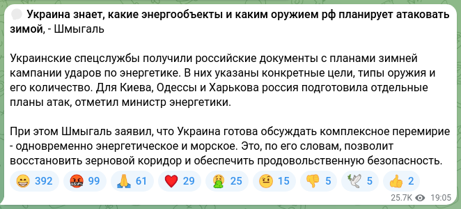 Screenshot of a Telegram post: 🤔 Ukraine knows which energy facilities and with what weapons the Russian Fede…