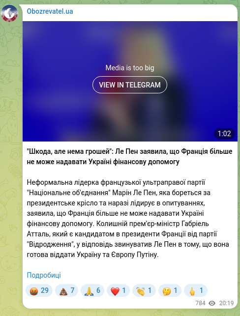 Скріншот Telegram-публікації: "Шкода, але нема грошей": Ле Пен заявила, що Франція більше не може надавати Ук…
