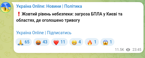 Скріншот Telegram-публікації: ❗️Жовтий рівень небезпеки: загроза БПЛА у Києві та областях, де оголошено трив…
