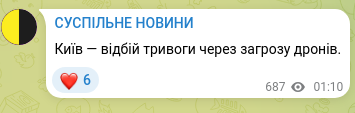 Screenshot of a Telegram post: Kyiv — all-clear for the alarm due to drone threat.