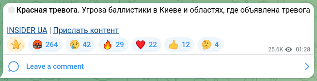 Screenshot of a Telegram post: 🔴Red alert. Threat of ballistic missiles in Kyiv and the regions where an aler…