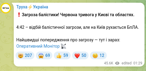 Screenshot of a Telegram post: ❗️Ballistic threat! Red alert in Kyiv and the regions. 4:42 – all-clear for th…