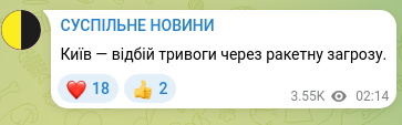 Screenshot of a Telegram post: Kyiv — all-clear for the air raid alert due to a missile threat.