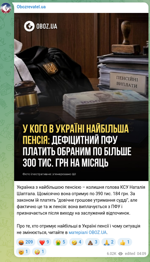 Screenshot of a Telegram post: Українка з найбільшою пенсією – колишня голова КСУ Наталія Шаптала. Щомісячно в…