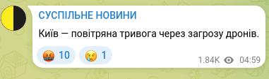 Screenshot of a Telegram post: Kyiv — air raid alert due to drone threat.