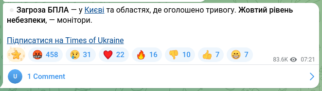 Screenshot of a Telegram post: ⏺Drone threat — in Kyiv and the regions where an alarm has been declared. Yello…