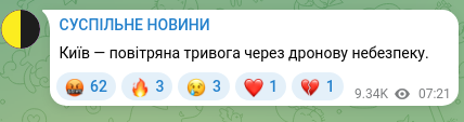 Screenshot of a Telegram post: Kyiv — air raid alert due to drone threat.