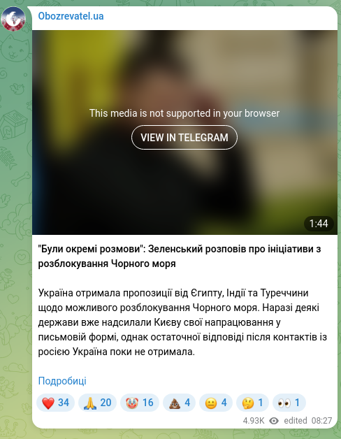 Screenshot of a Telegram post: "Були окремі розмови": Зеленський розповів про ініціативи з розблокування Чорно…