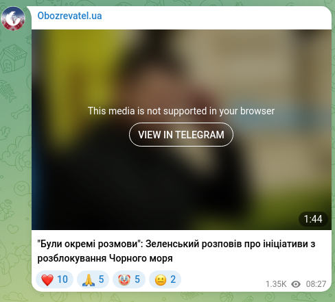 Screenshot of a Telegram post: "There were separate discussions": Zelensky spoke about initiatives to unblock…