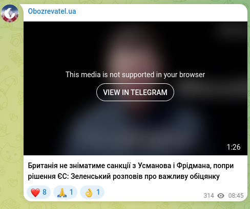 Screenshot of a Telegram post: Fridman Mikhail Maratovich — Britain will not lift sanctions on Usmanov and Friedmann despite…