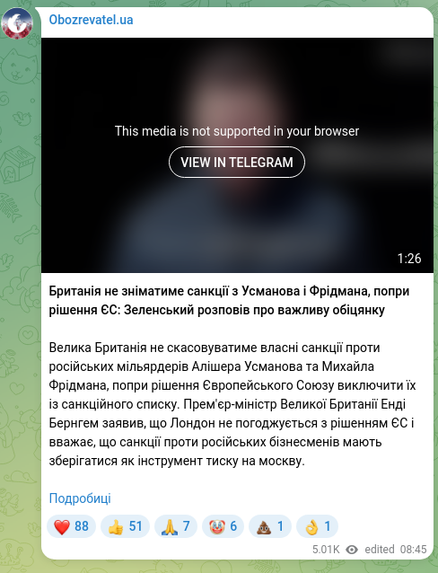 Screenshot of a Telegram post: Fridman Mikhail Maratovich — Британія не зніматиме санкції з Усманова і Фрідмана, попри рішен…