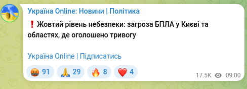Screenshot of a Telegram post: ❗️Yellow danger level: threat of UAVs in Kyiv and the regions where an alert h…
