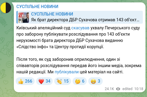 Screenshot of a Telegram post: Київський апеляційний суд скасував ухвалу Печерського суду про заборону публіку…