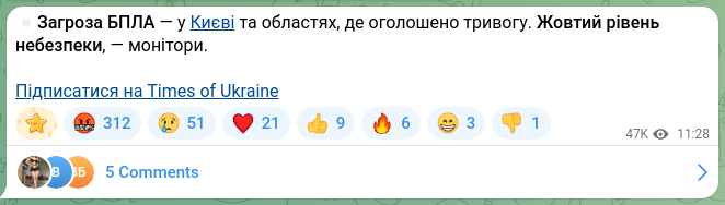 Screenshot of a Telegram post: ⏺Drone threat — in Kyiv and the regions where an alert has been declared. Yello…
