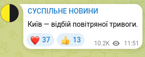 Screenshot of a Telegram post: Kyiv — all-clear for the air raid alert.