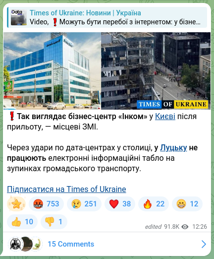 Screenshot of a Telegram post: ❗️This is what the Inkom business center in Kyiv looks like after the strike,…