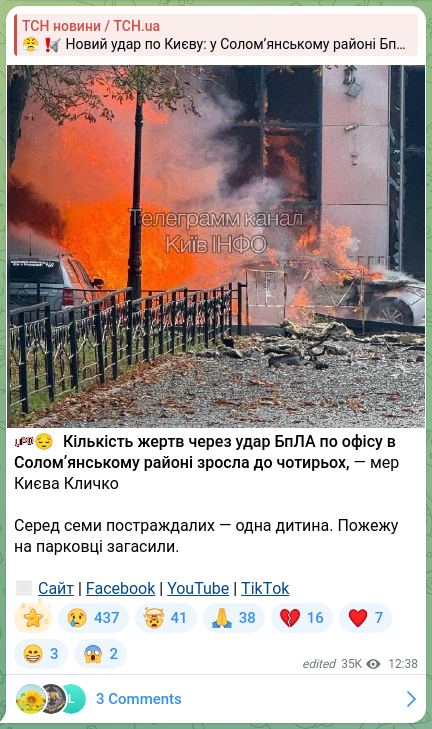 Screenshot of a Telegram post: 🇺🇦😔 The number of victims from the UAV strike on an office in the Solomianskyi…