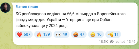 Screenshot of a Telegram post: The EU unblocked the allocation of €6,6 billion from the European Peace Facilit…