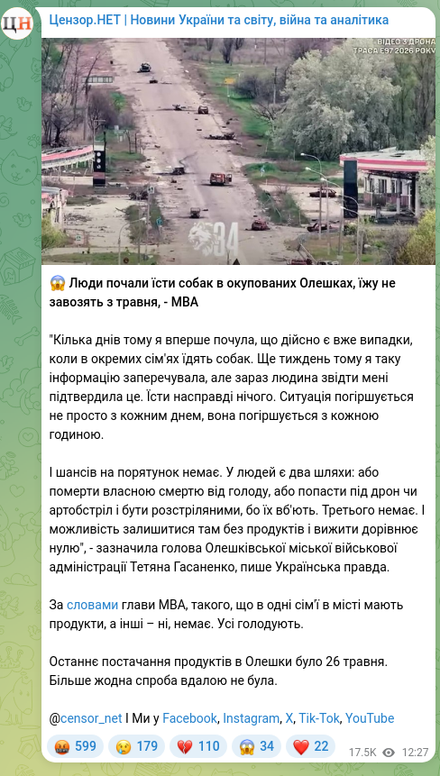 Screenshot of a Telegram post: 😱 People have started eating dogs in occupied Oleshky; food hasn’t been brough…
