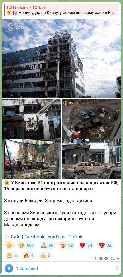 Screenshot of a Telegram post: 😢In Kyiv there are already 31 casualties as a result of the Russian attacks, 1…