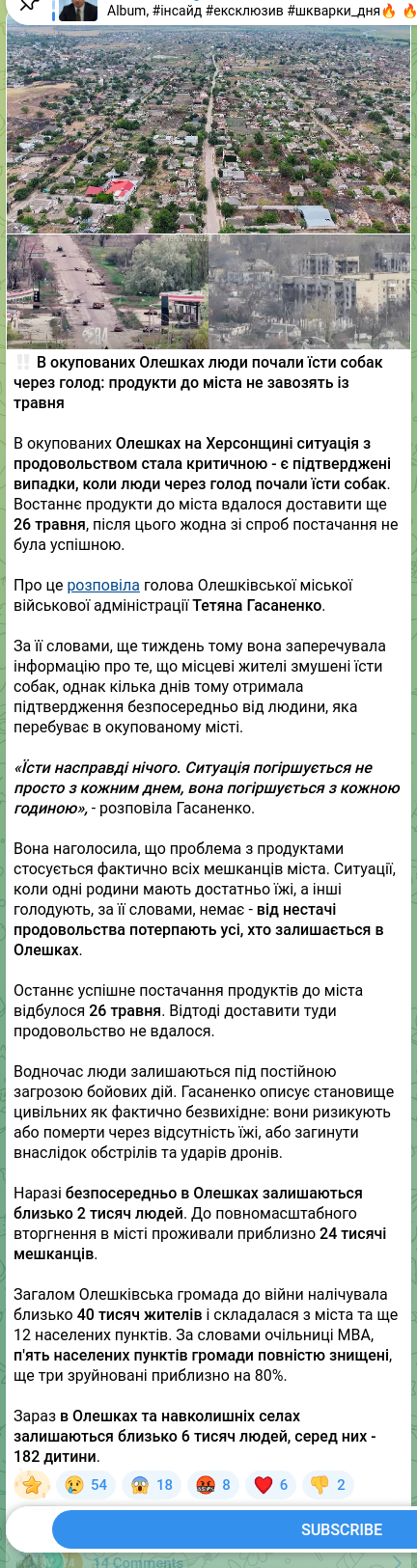 Скріншот Telegram-публікації: ‼️ В окупованих Олешках люди почали їсти собак через голод: продукти до міста н…