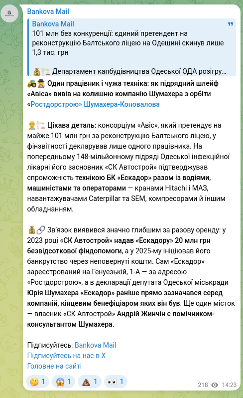 Скріншот Telegram-публікації: 🚜🕵️‍♂️ Один працівник і чужа техніка: як підрядний шлейф «Авіса» вивів на коли…