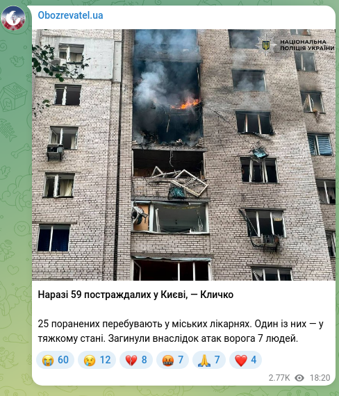 Screenshot of a Telegram post: So far 59 people have been injured in Kyiv, — Klitschko 25 wounded are being tr…