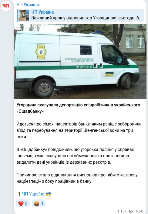 Скріншот Telegram-публікації