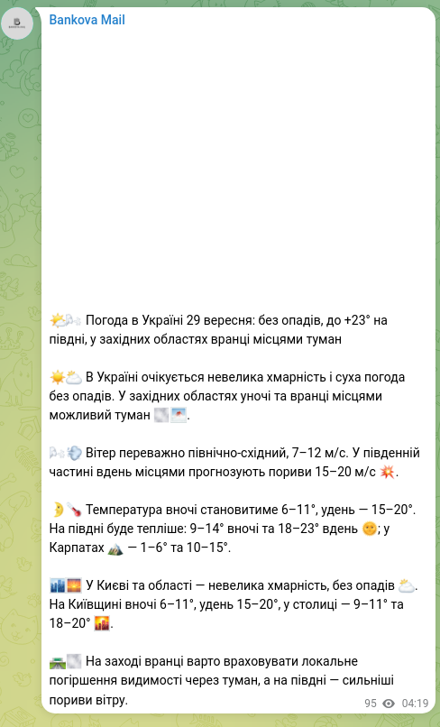 Скріншот Telegram-публікації: 🌤🌬 Погода в Україні 29 вересня: без опадів, до +23° на півдні, у західних облас…