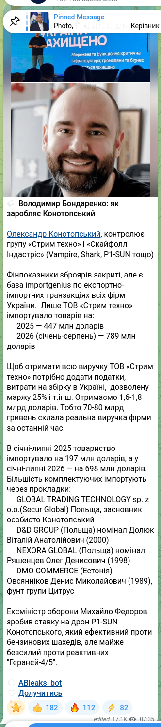 Скріншот Telegram-публікації: Бондаренко Володимир Bond News — 🔈 Володимир Бондаренко: як заробляє Конотопський Олександр К…