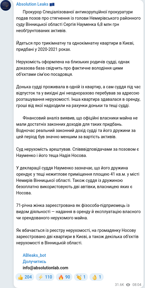 Скріншот Telegram-публікації