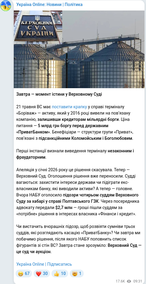 Скріншот Telegram-публікації
