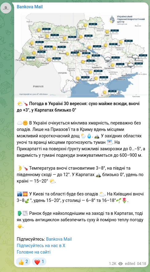 Скріншот Telegram-публікації: 🌤🌡 Погода в Україні 30 вересня: сухо майже всюди, вночі до +3°, у Карпатах близ…