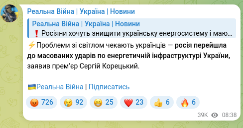 Скріншот Telegram-публікації: Корецький Сергій Федорович — ⚡️Проблеми зі світлом чекають українців — росія перейшла до масо…