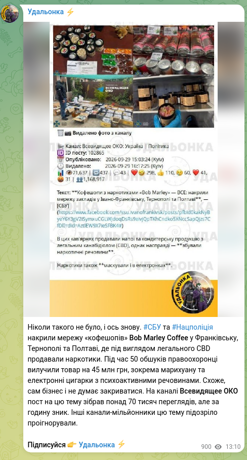 Скріншот Telegram-публікації: Ніколи такого не було, і ось знову. #СБУ та #Нацполіція накрили мережу «кофешоп…