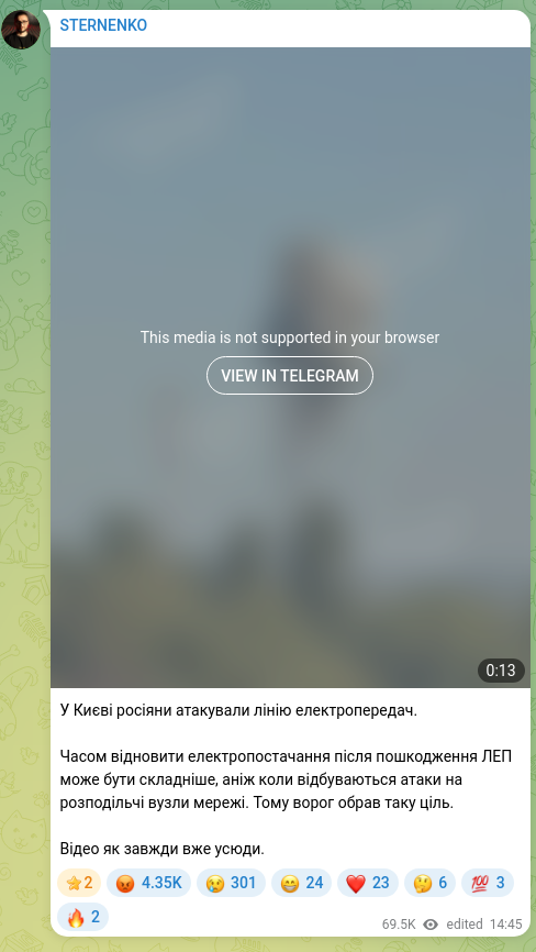 Скріншот Telegram-публікації: У Києві росіяни атакували лінію електропередач. Часом відновити електропостачан…