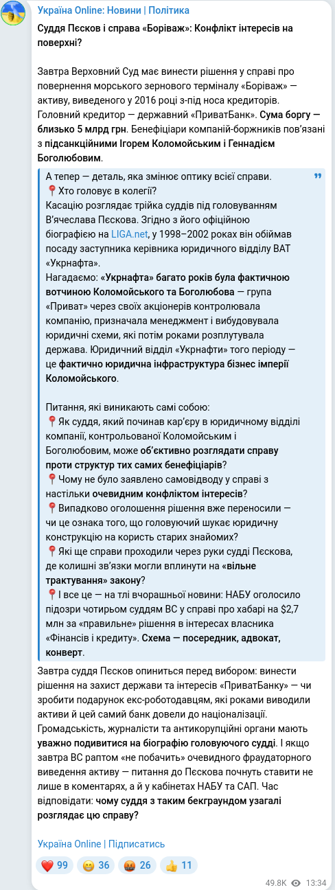 Скріншот Telegram-публікації
