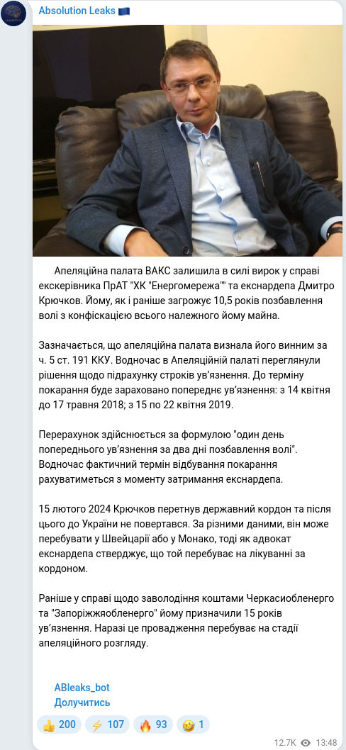 Скріншот Telegram-публікації