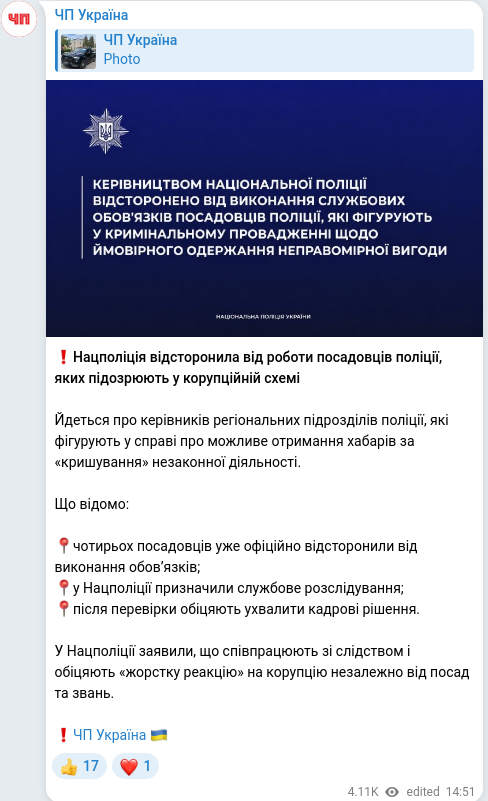 Скріншот Telegram-публікації