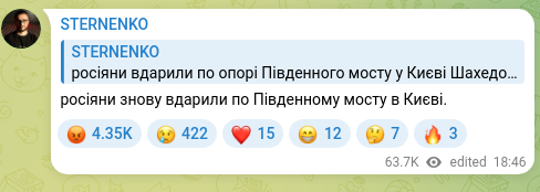 Скріншот Telegram-публікації: росіяни знову вдарили по Південному мосту в Києві.