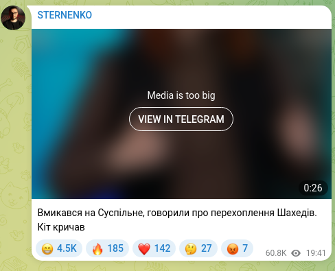 Скріншот Telegram-публікації: Вмикався на Суспільне, говорили про перехоплення Шахедів. Кіт кричав