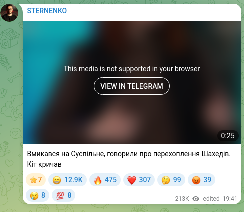 Скріншот Telegram-публікації: Вмикався на Суспільне, говорили про перехоплення Шахедів. Кіт кричав