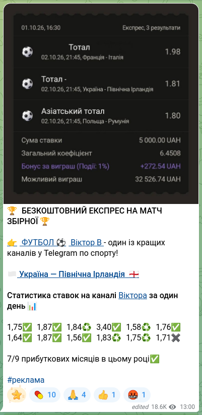 Screenshot of a Telegram post: 🏆 FREE EXPRESS TO THE NATIONAL TEAM MATCH 🏆 👉 FOOTBALL ⚽️ Viktor V - one of…