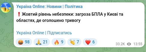 Скріншот Telegram-публікації: ❗️Жовтий рівень небезпеки: загроза БПЛА у Києві та областях, де оголошено трив…