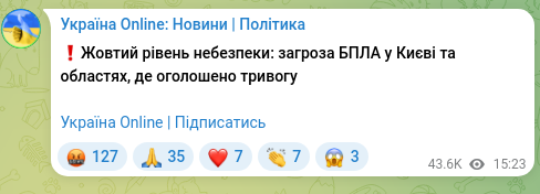 Скріншот Telegram-публікації: ❗️Жовтий рівень небезпеки: загроза БПЛА у Києві та областях, де оголошено трив…